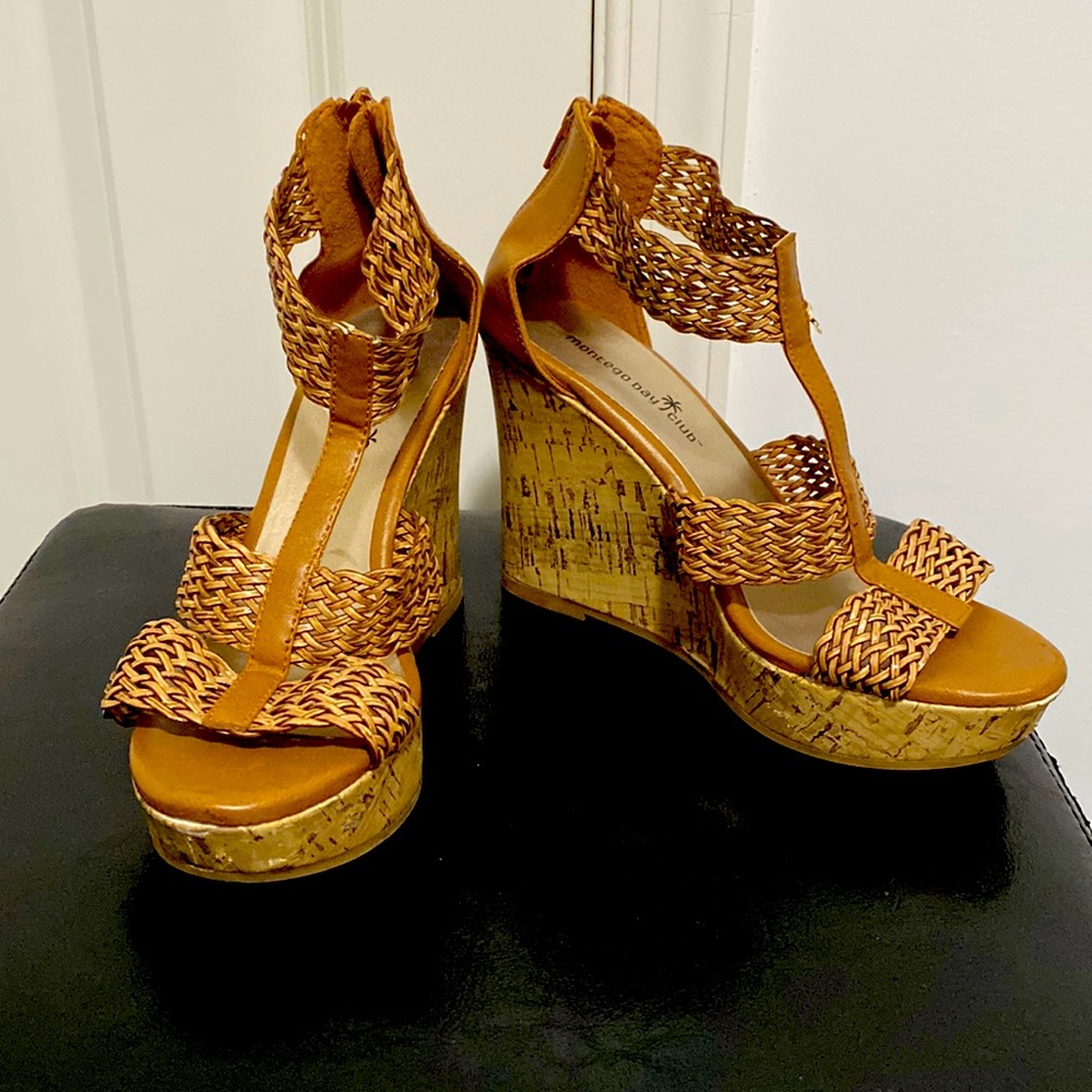 Montego Bay club tan woven and cork bottom wedges! Size 7!
